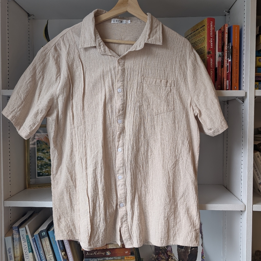 Women's Cream Button Down Shirt Linen Blend Size Medium Lagenlook Boho